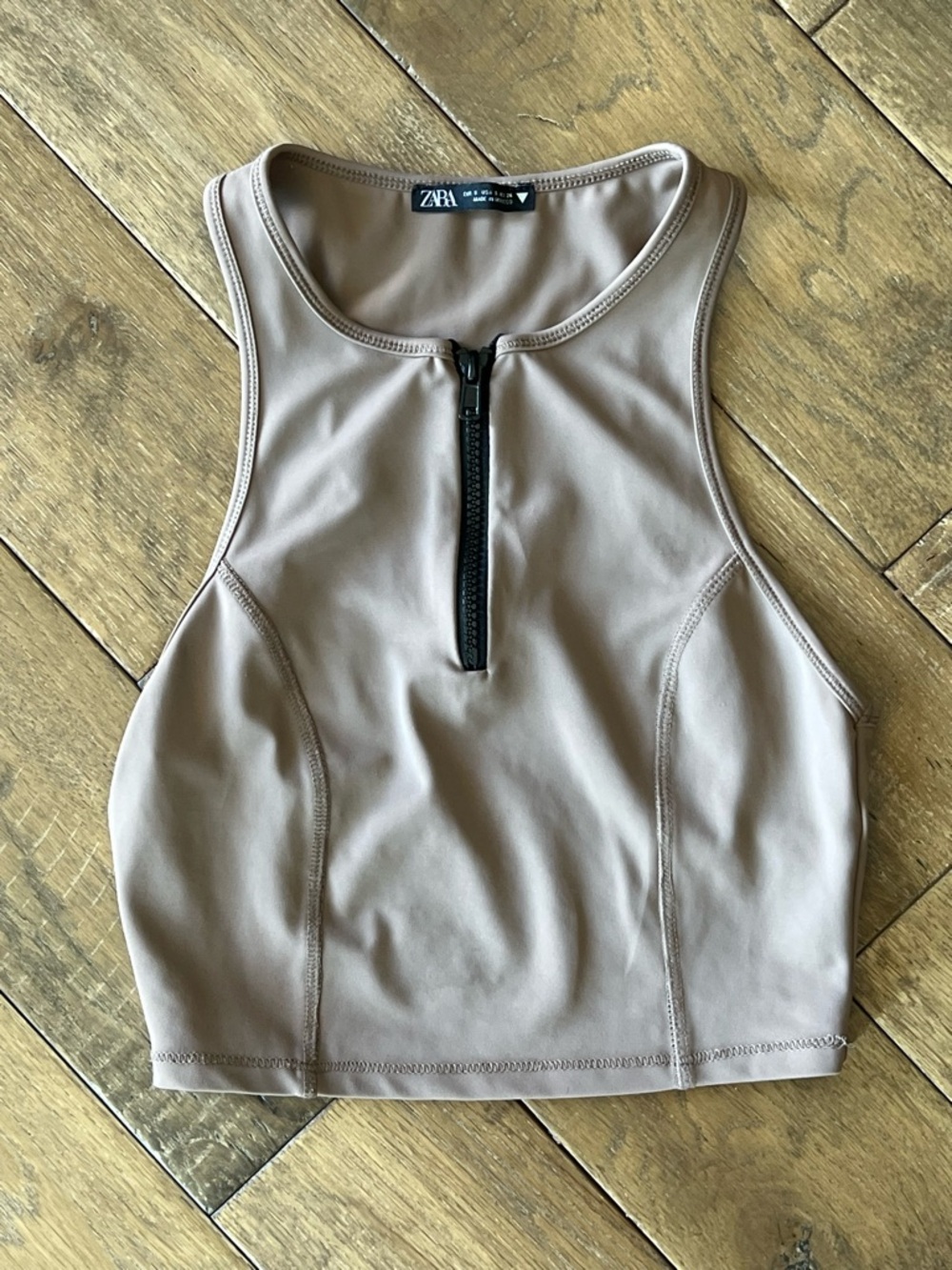 Zara Taupe Sleeveless Zip-Front Crop Top